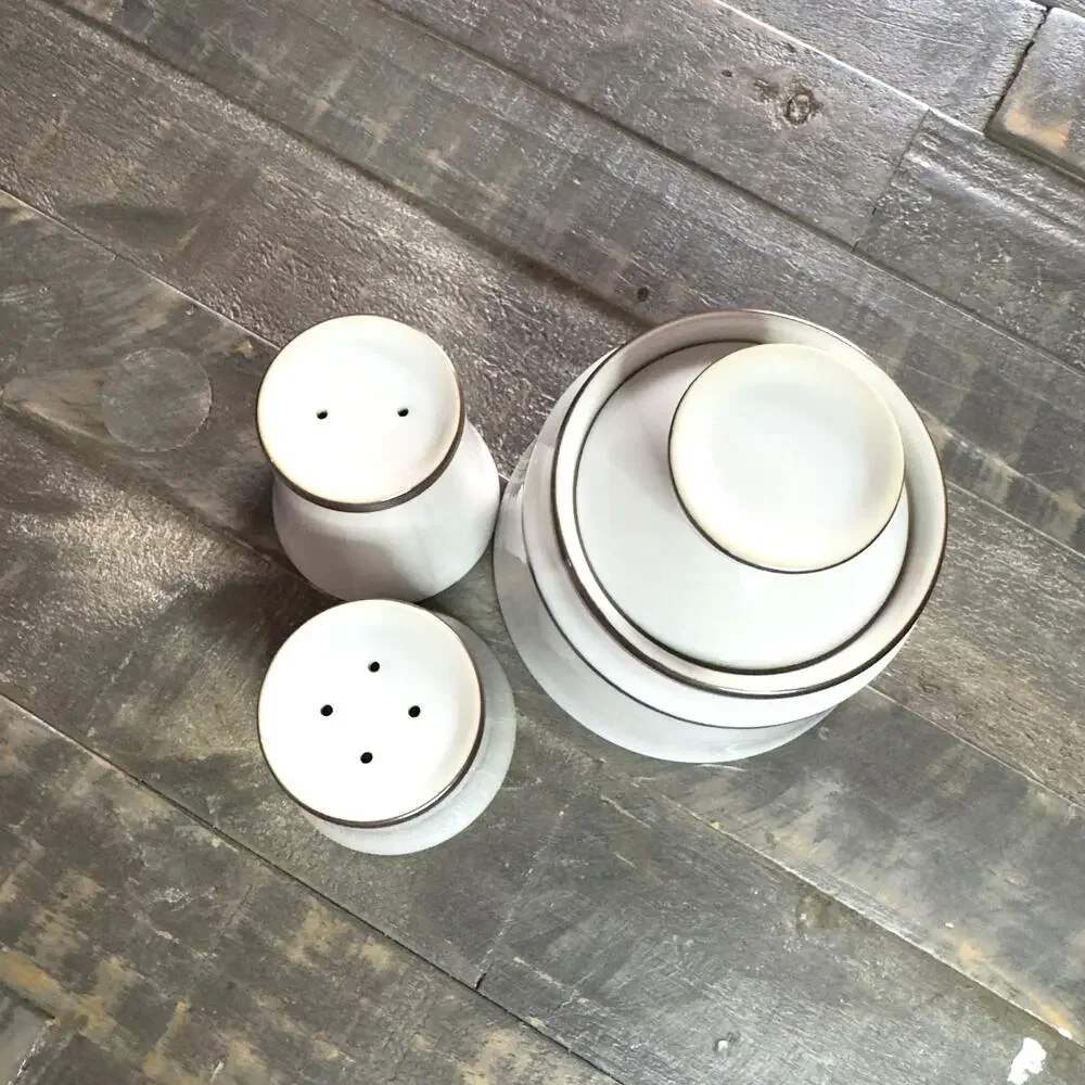 Noritake White Ceramic Spice Jar and Salt & Pepper Shakers with Brown Trim